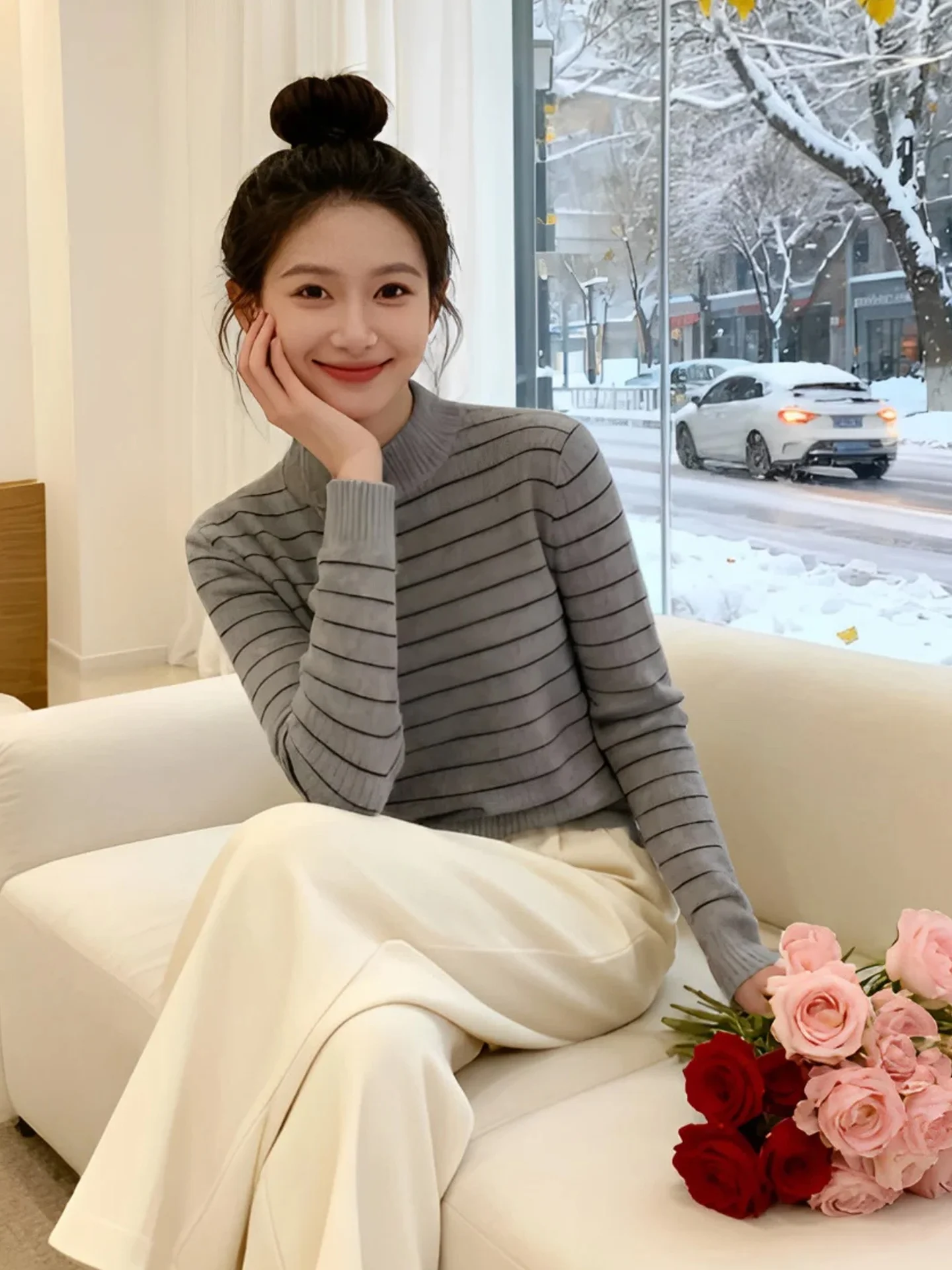 Macio e confortável longo sve listrado camere malhas coreano sle casual commute versátil feminino inverno topo