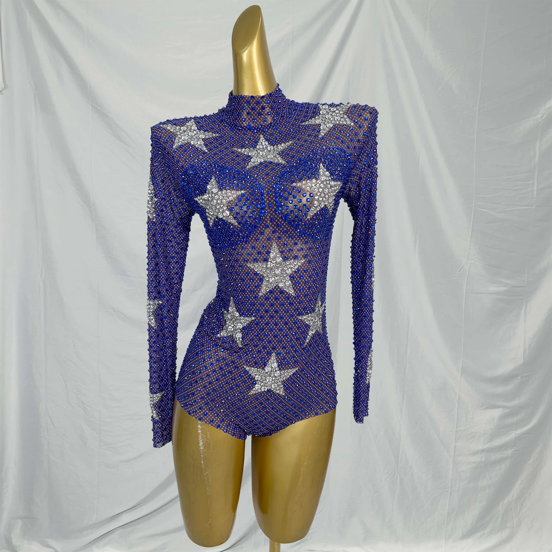 

Long Sleeves Star Rhinestone Bodysuit Women One Piece Short Jumpsuit Ladies Birthday Party Rompers Pole Dance Leotard Show Wear