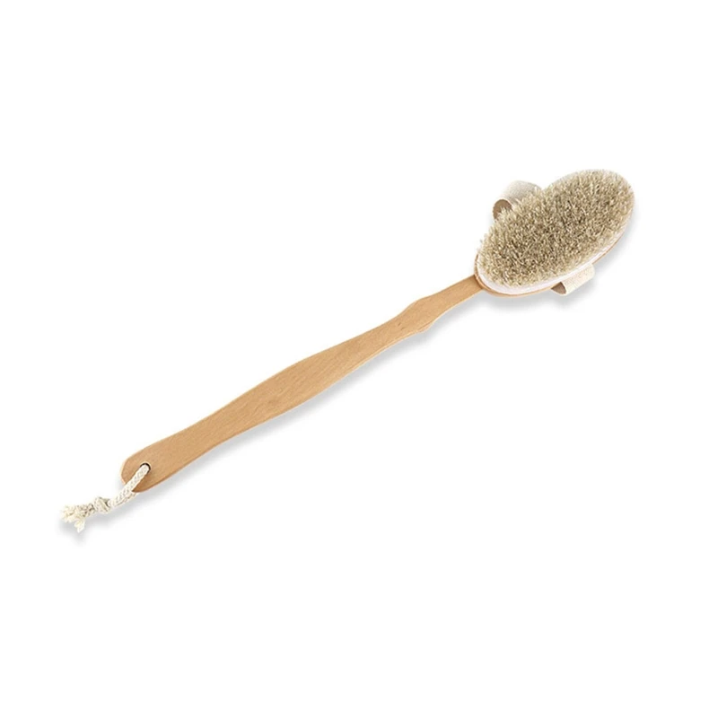 R1WA Natural Bristles Back Scrubber Shower Brush With Detachable Long Wooden Handle D