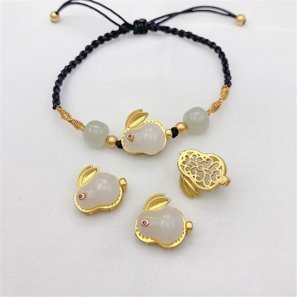 Sand Gold Imitation Hotan Jade Rabbit Pendant Hand Diy Beaded Jade Rabbit Red Rope Bracelet Rope Braided Jewelry Materials L433