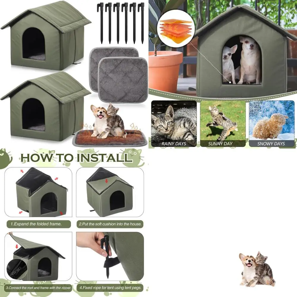 

Green Waterproof Outdoor Cat Shelter with Self-Heating Pad for Stray Animals and Pets