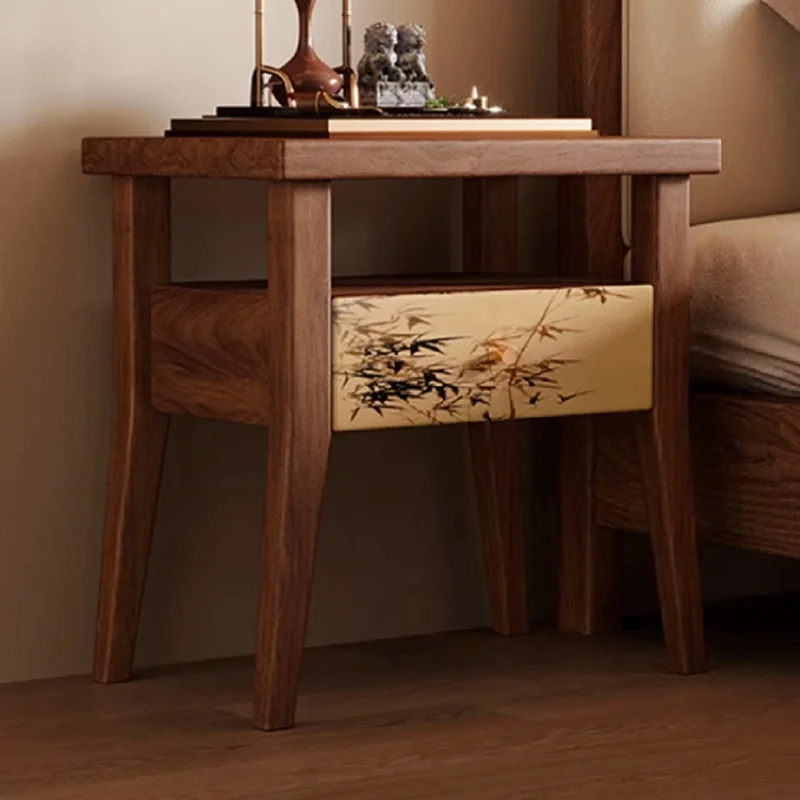 Black walnut zen bedside table retro print painted storage side cabinet
