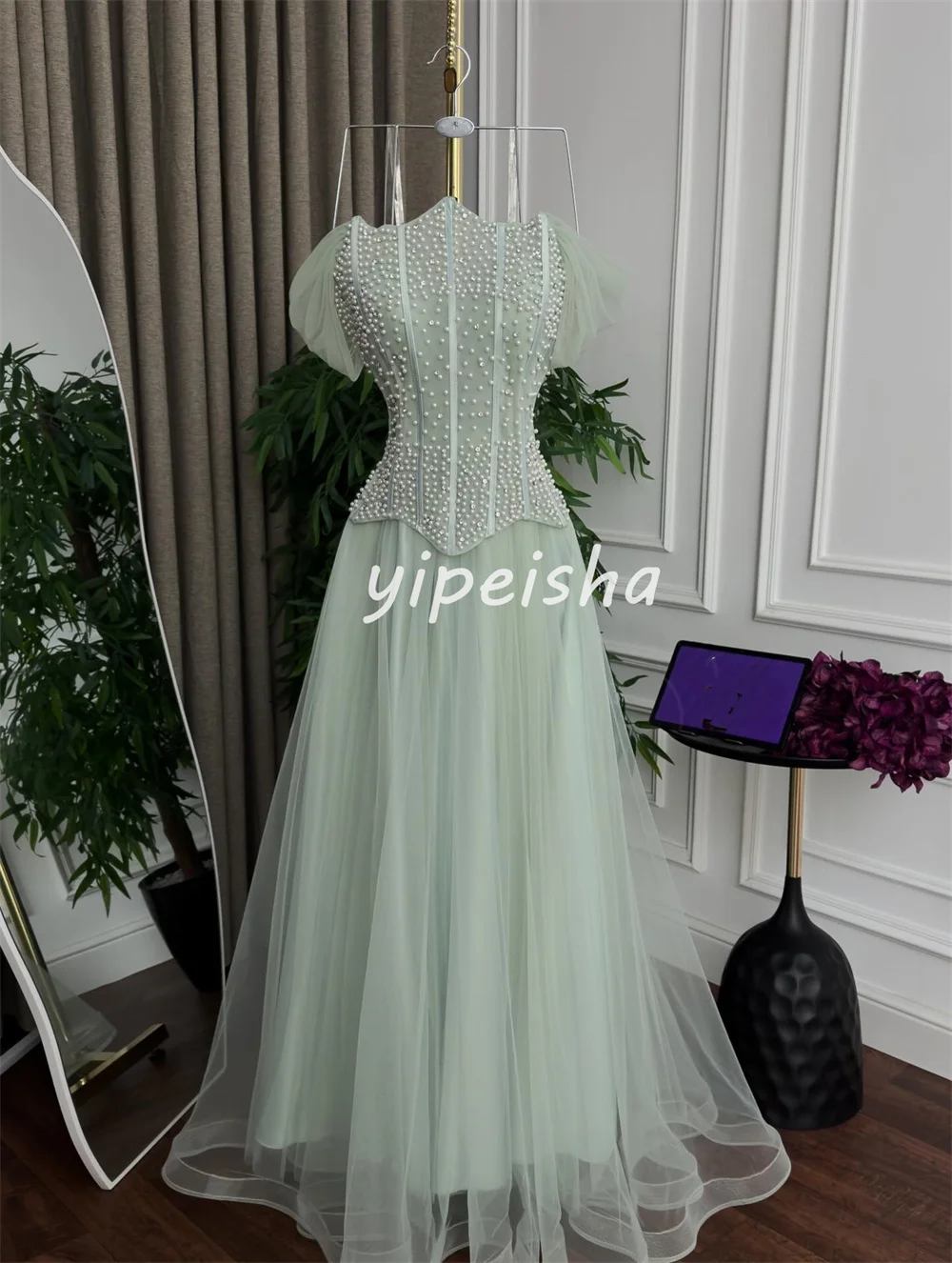 تخصيص مطابقة معقدة تول الطية اللؤلؤ ألف خط خارج على الكتف فساتين طويلة فساتين السهرة الأحجام المتاحة رائعة #4