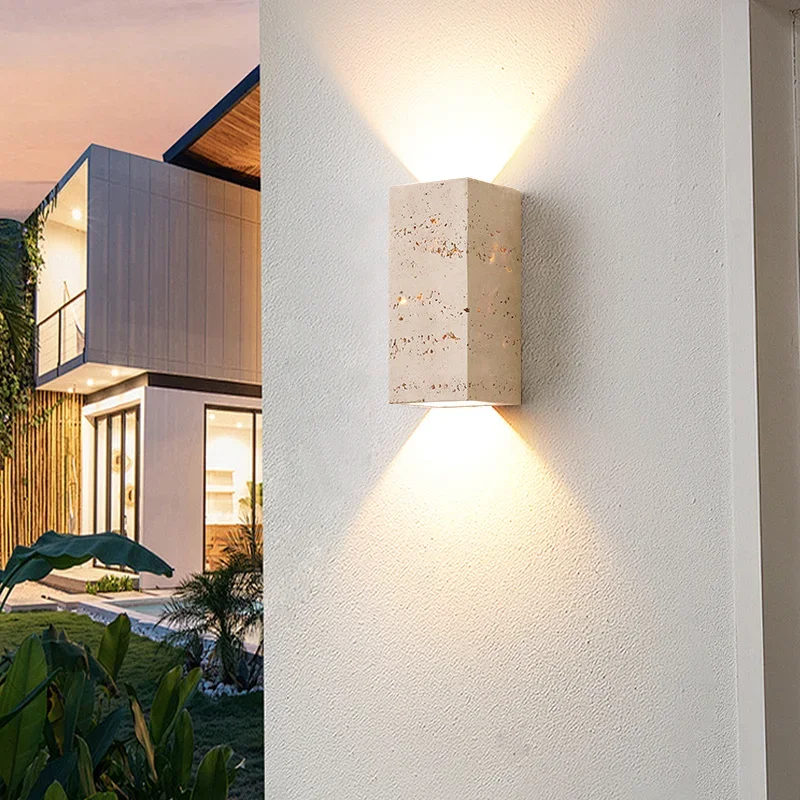 IISINUO Square Shape Natural Stone Wall Light Outdoor Decora Porch Lamp Yellow Travertine LED Sconce for Courtyard Hallway Stair