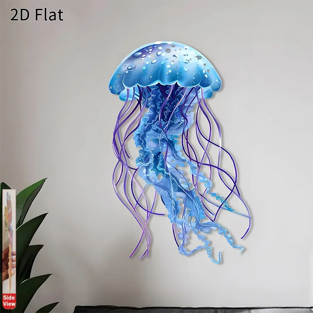 CIFBUY Sea Creature Jellyfish Metal Wall Decor, 2D Flat Iron Ocean Wall Art, Ocean Themed Wall Hanging for Bathroom