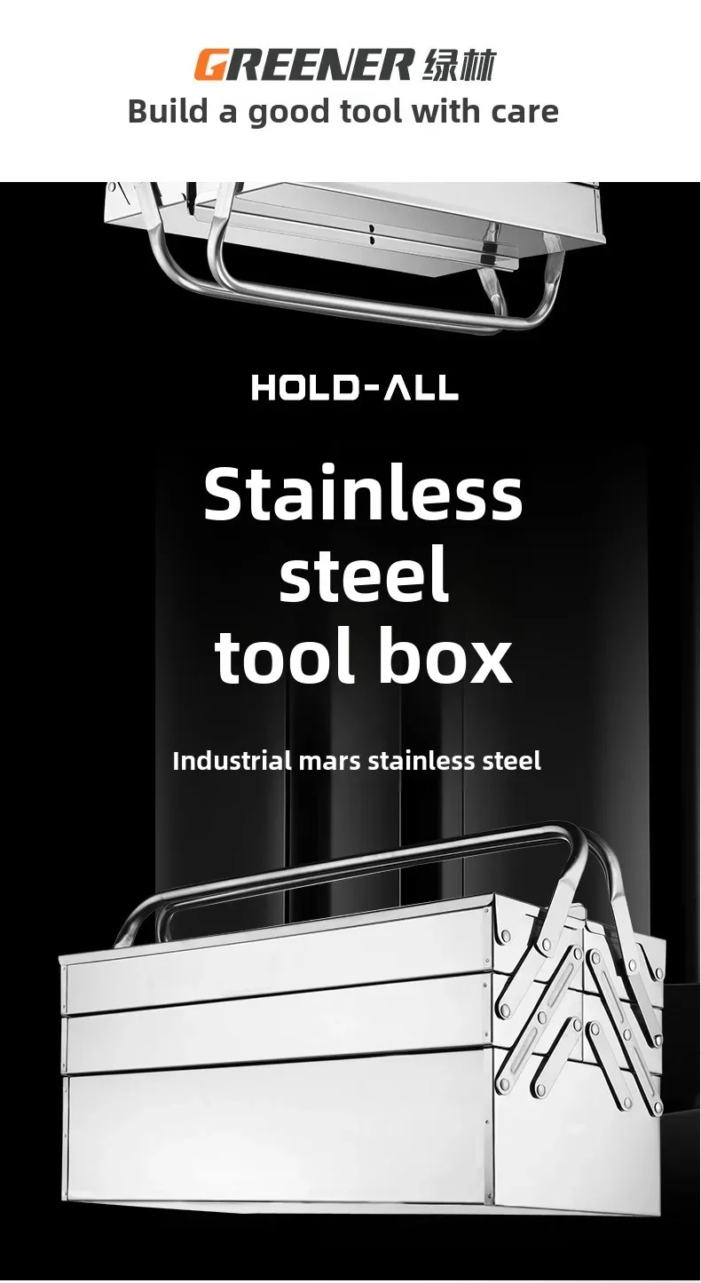 Heavy Duty Stainless Steel Toolbox with 3-Layer Folding and Carrying Handle - Industrial Grade for Home and Car