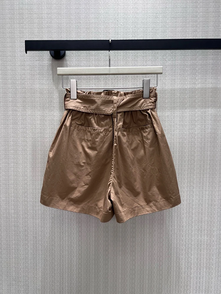 Summer Fashion Party Vintage Copper Color Casual Cotton Shorts Women's High Waist Belt Slim Simplicity Straight Barrel Pants
