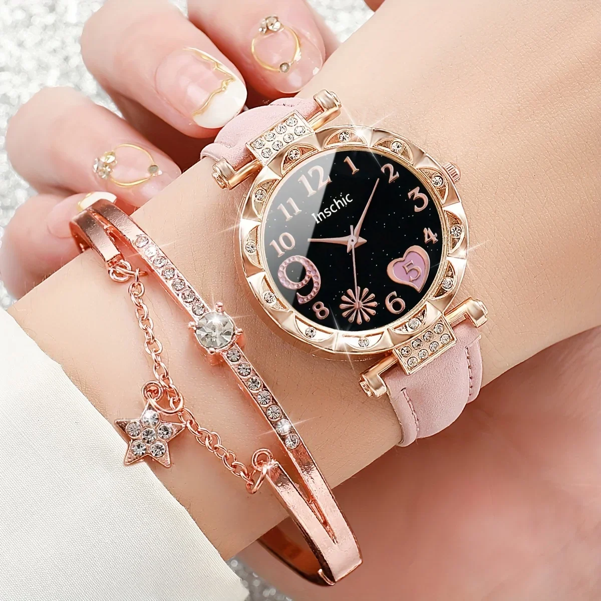 2 Pcs Pink Quartz Watches PU Leather Strap Zinc Alloy Pointer And Bracelet Jewelry For Women Not Include Watch Box