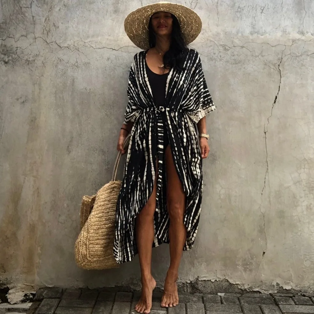 Beach Cover Ups for Women Kimono Cardigan Tie-dye Pattern Print Tunic Belted Wrap Dresses 2023 Summer Trend Bathing Suits