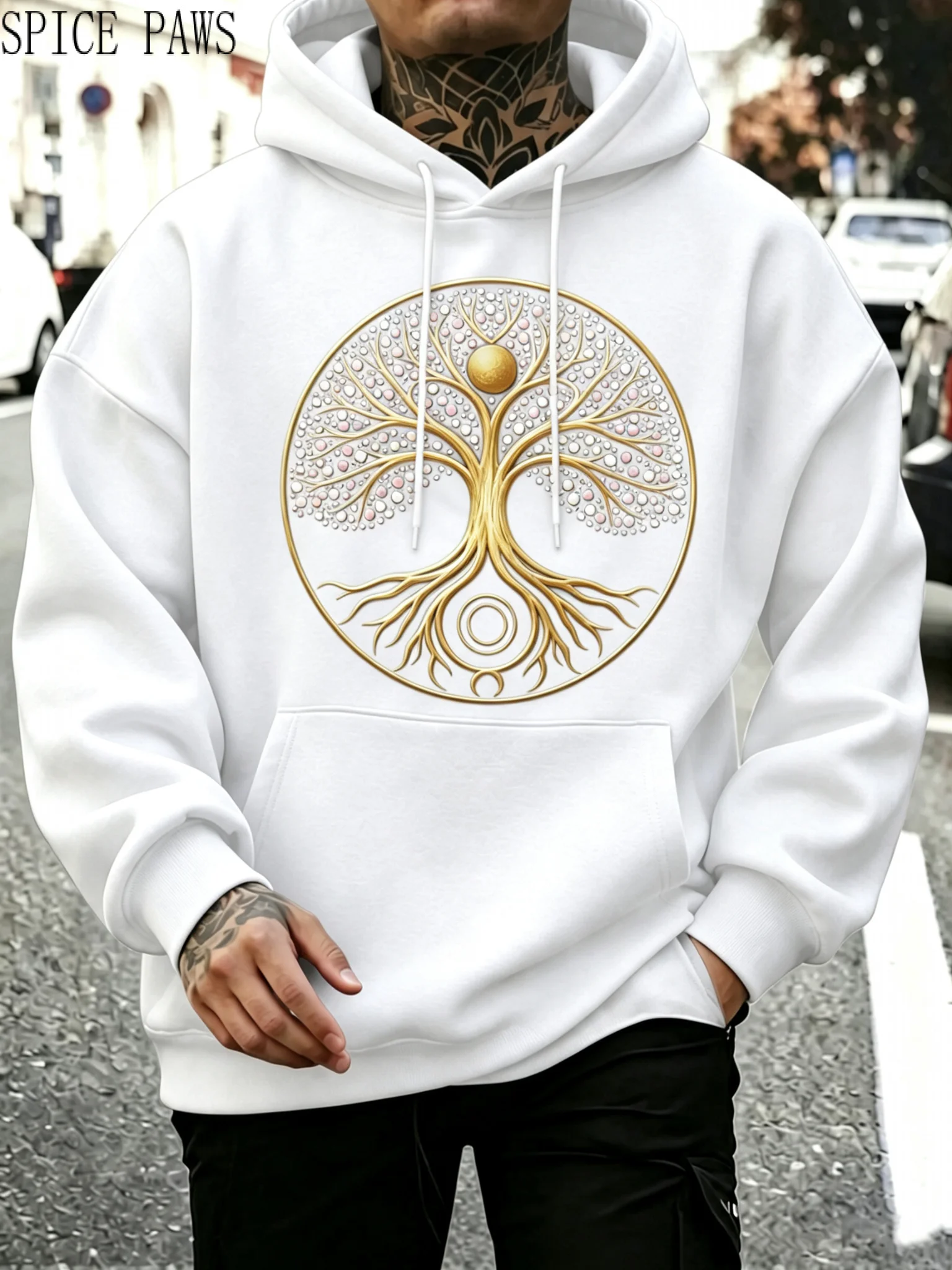 Men's Oversized Golden Tree of Life Hoodie - Streetwear Pullover Sweatshirt with Hooded, Golden Tree of Life Graphic, Loose Fit for Fall Winter Warmth, Casual Outdoor Wear Suitable for Daily Use and Urban Fashion