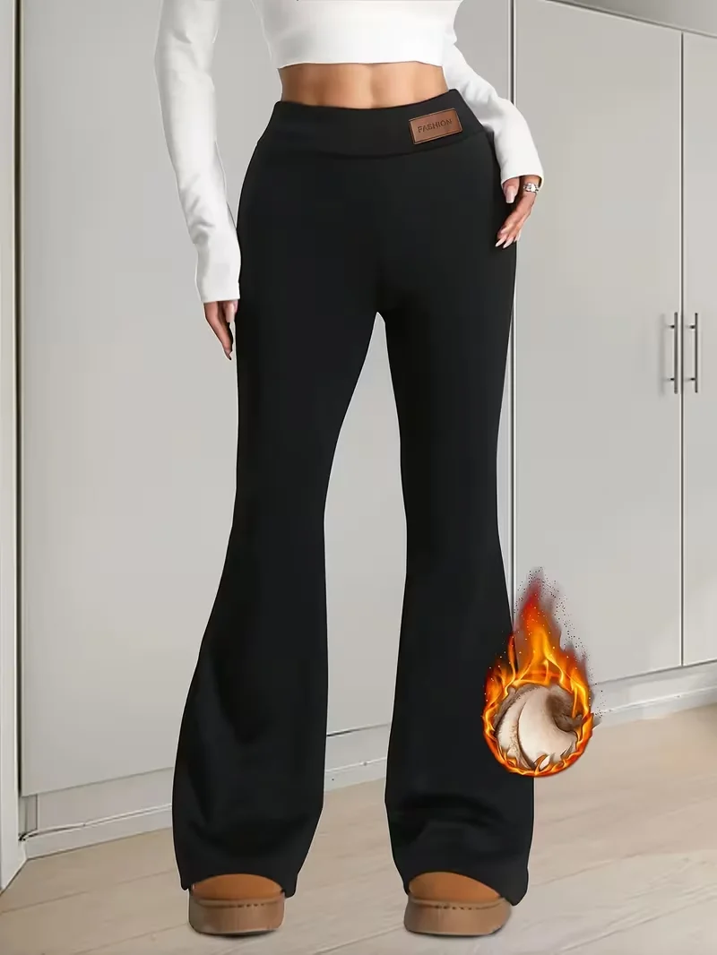 กางเกงลำลองผ้าฟลีซสำหรับฤดูหนาว ให้ความอบอุ่น กางเกงทรงขาบานเอวสูง ช่วยให้ดูผอมเพรียวและขาเรียวยาว เหมาะสำหรับใส่ลำลองในชีวิตประจำวัน