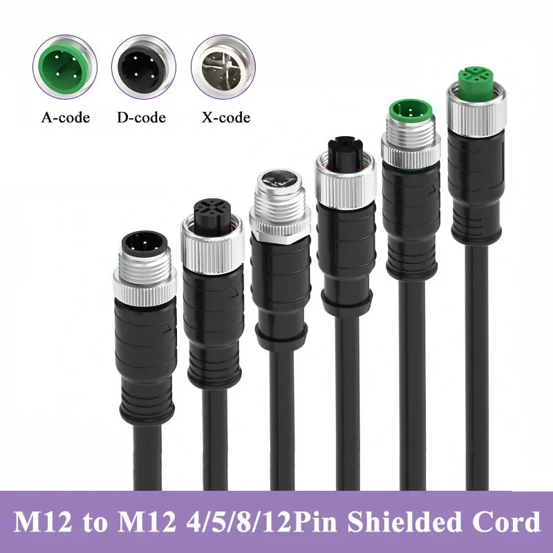 Waterproof M12 Connector Cable 4 8 12 Pin A/D/X Type Code Male to Female Extension Line Shielded Gigabit Network Connection Cord