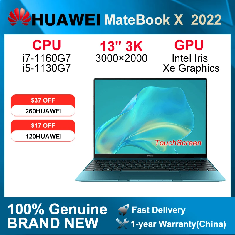 HUAWEI-ordenador portátil MateBook X, i5-1130G7/i7-1160G7, 16GB, 512GB/1T, 13 pulgadas, 3k, LTPS, pantalla táctil, Netbook Iris Xe Graphics SSD, 2022