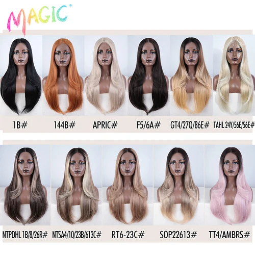 Imagen 2 del producto Peluca con malla frontal sintética de pelo mágico, peluca de encaje larga y recta de 28 pulgadas, peluca rubia ombré, pelucas resistentes al calor para mujer, peluca con malla frontal