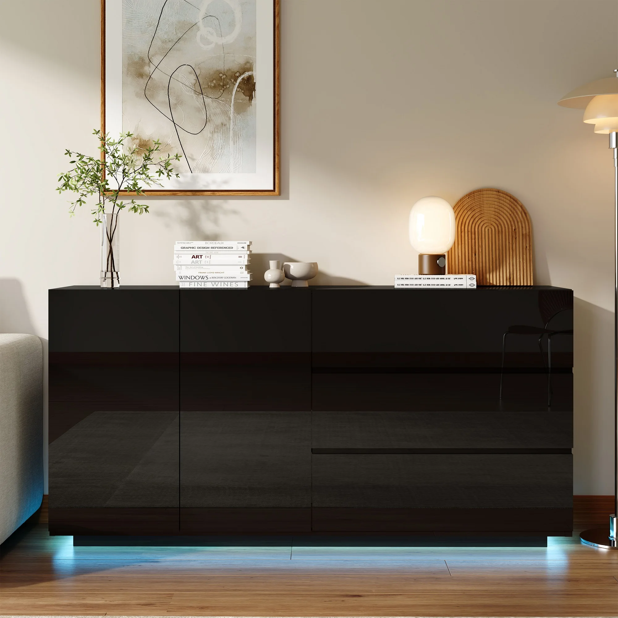 Rosahqnda Sideboard Hochglanzweiß mit LED, modernes Sideboard mit Tür und Schubladen, Buffetschrank, Kommode für die Küche – Detail 39