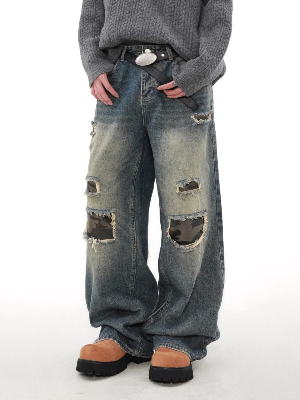 

Мужские джинсы синие, в стиле пэчворк, свободного кроя, прямые, широкие штанины, с эластичным поясом, длинные брюки, модный дизайн, повседневные джинсы