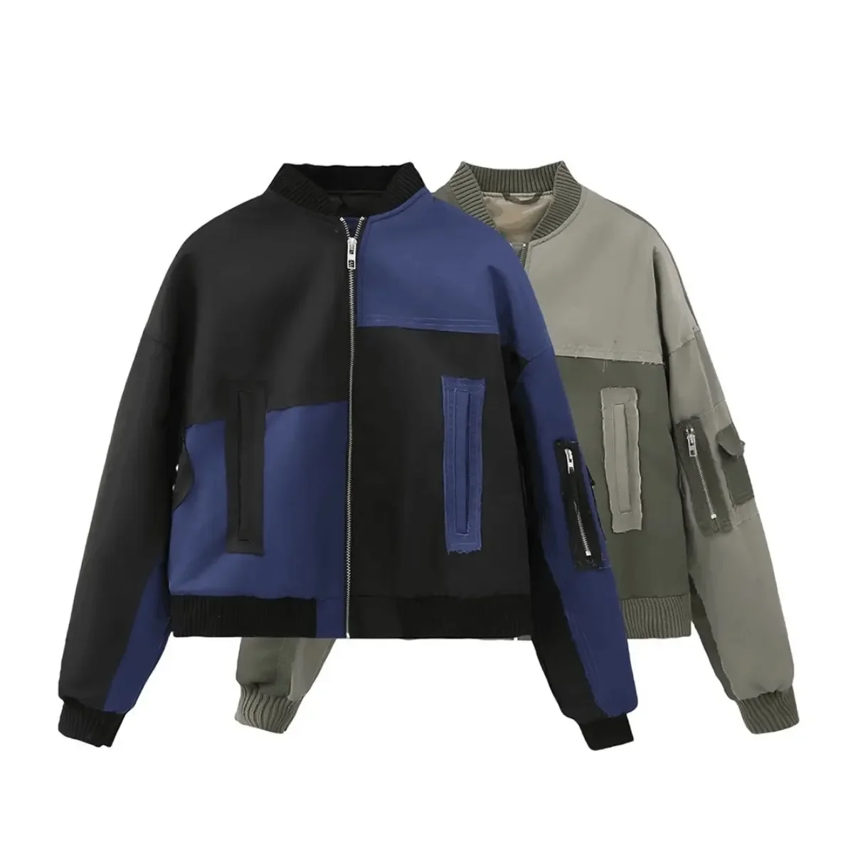 

Women's Street Style Patchwork Jacket Autumn Winter Fashion Versatile Patchwork Crew Neck Bomber Jacket Zipper Pockets Outwear