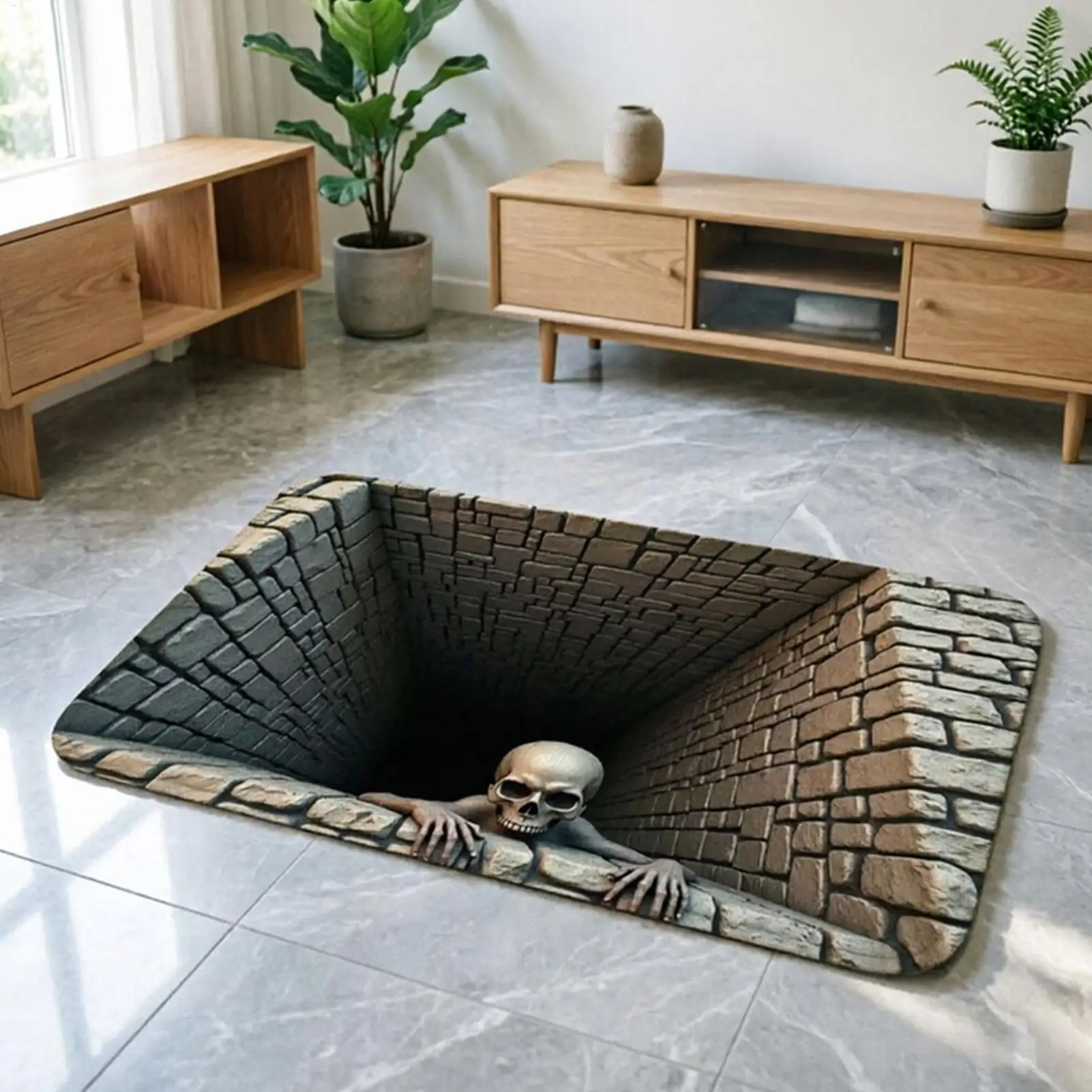 Illusion Carpet 3D Visual Hole Rug Anti-Slip Halloween Doormat Skeleton Optical Decor Mat Spooky Floor Pad for Entryway