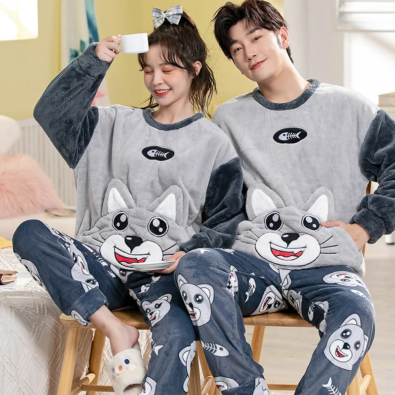 Winter Warm Sleepwear Flannel Women Home Wear Two-Piece Thickened Padded Long-Sleeved Pajamas Cartoon Bear Dog Cat High Quality