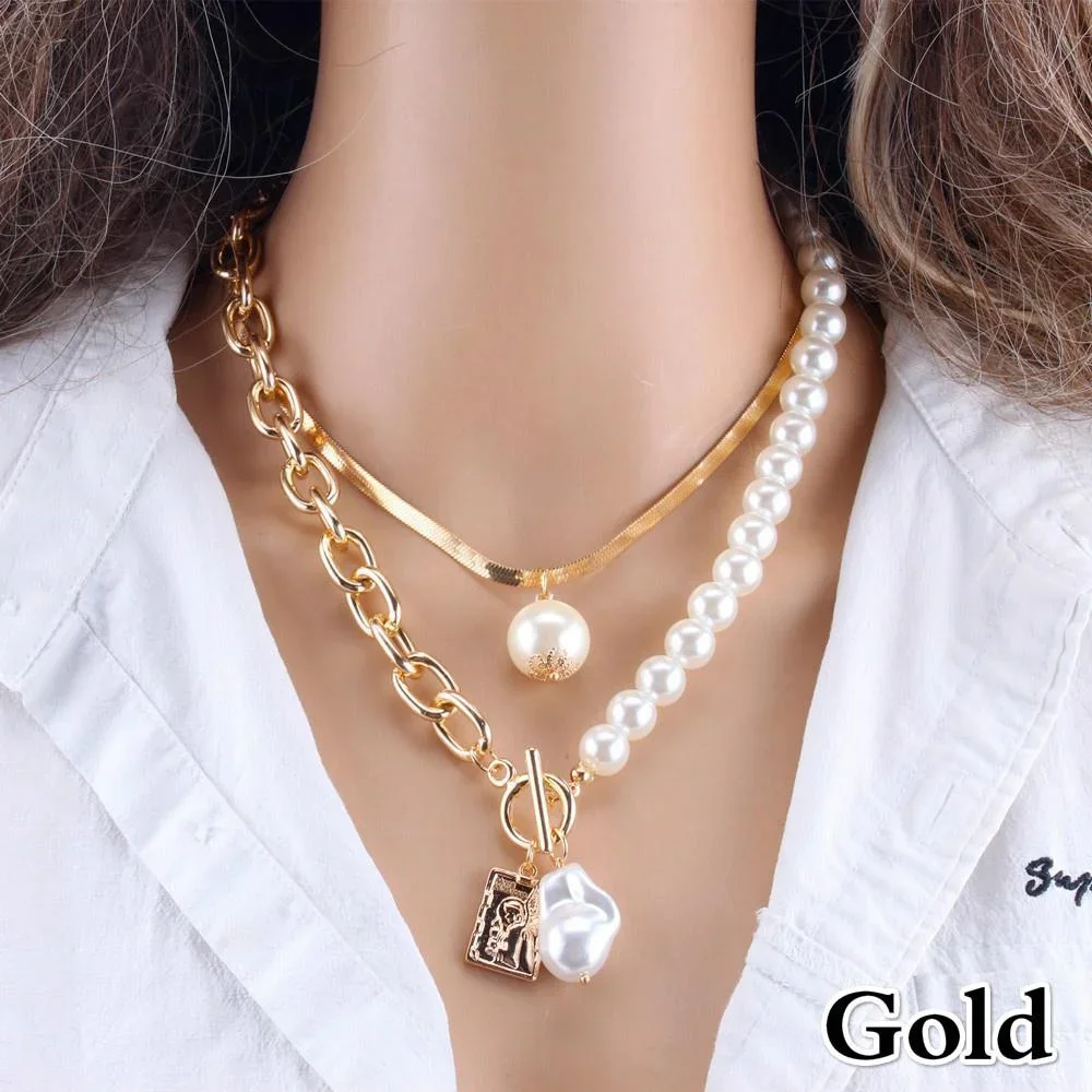 Fashion 2 Layers Pearls Geometric Pendants Necklaces for Women Gold Color Metal Snake Chain Necklace Choker Jewelry Gift