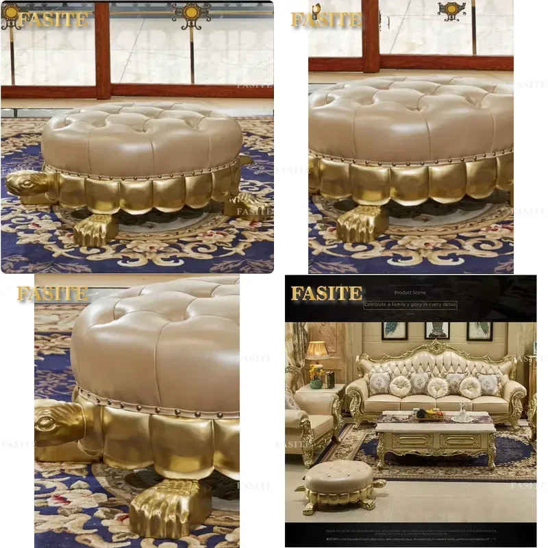 For European Solid Wood Carved Flower Gold Foil Full Grain Leather Sofa Footstool Living Room Shoe Changing Stool Durable