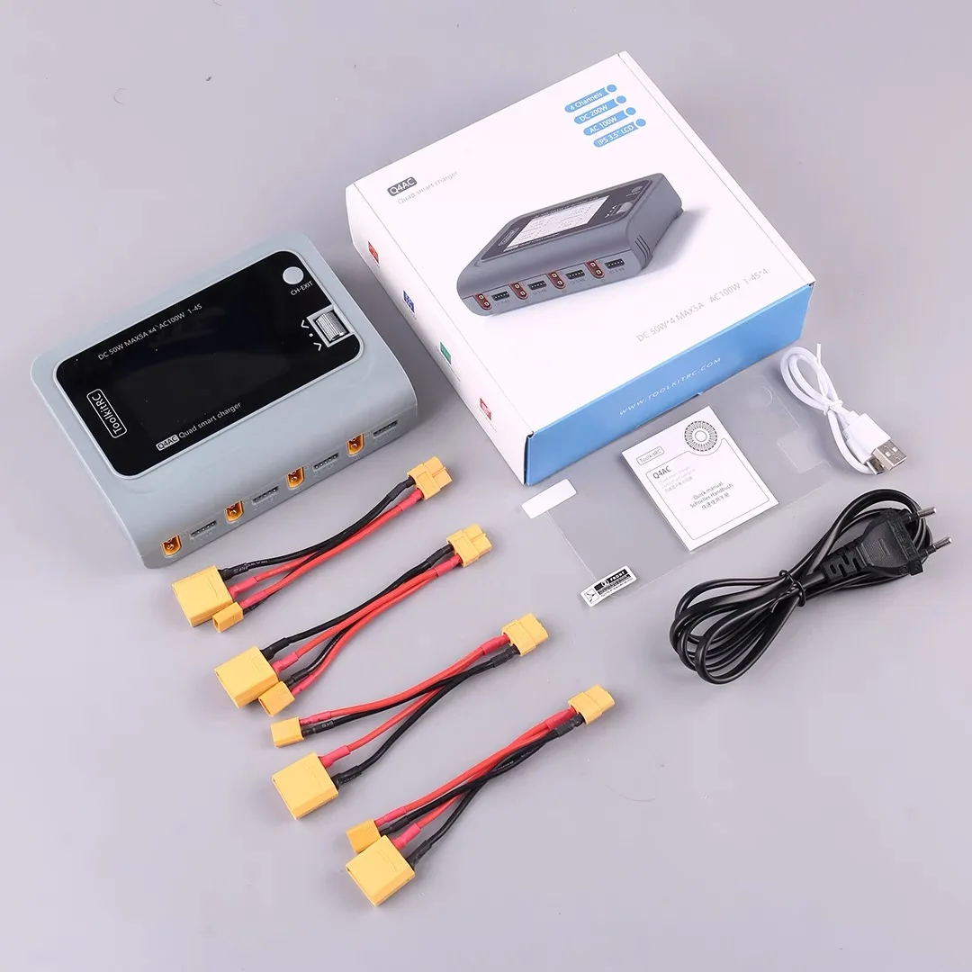 

For ToolkitRC Q4AC Charger XT60 Adapter IPS Bright with Display 4x50w 5A AC 100W 4 Port DC Smart Discharge