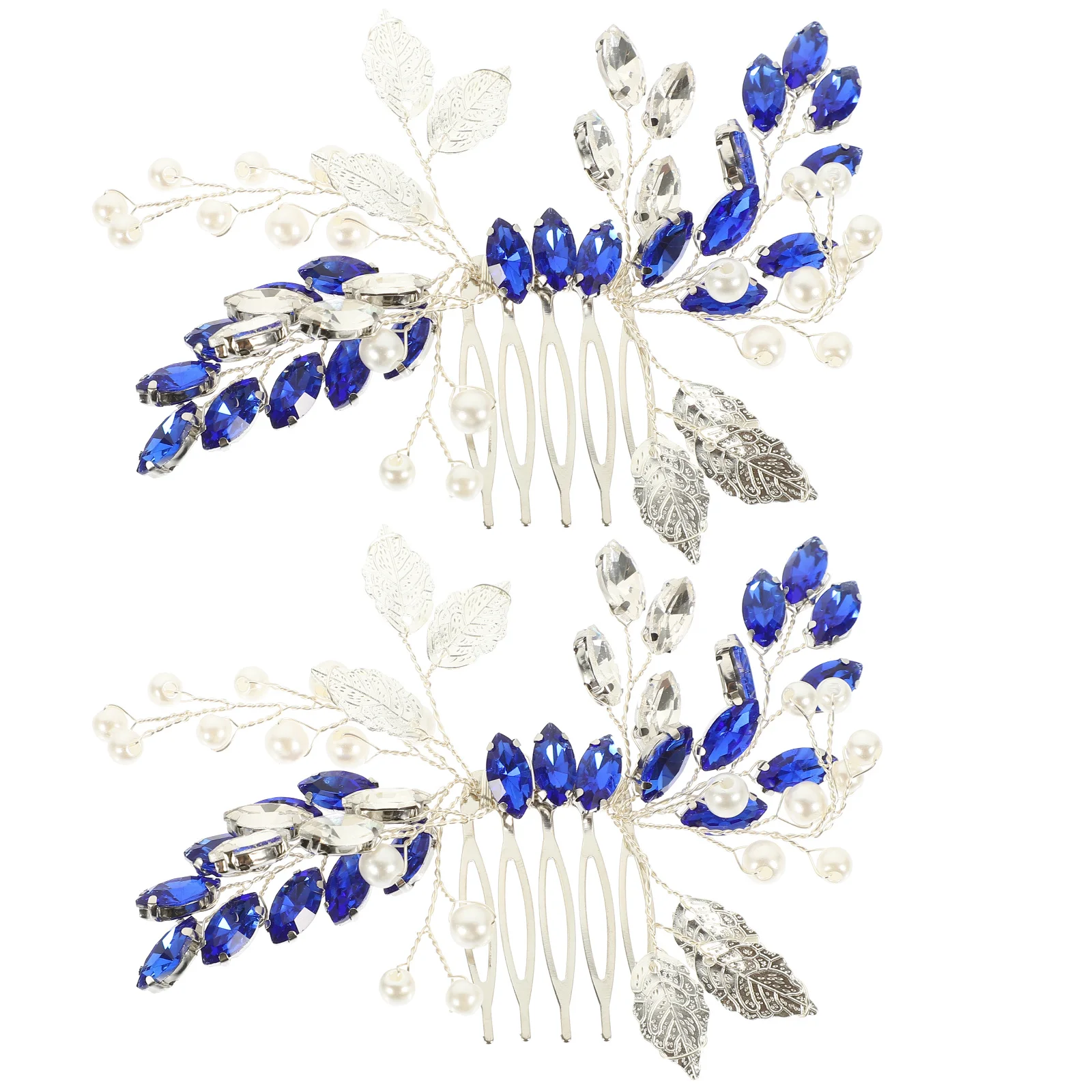 

2 pcs Blue Rhinestone Leaf Hair Comb Bridal Wedding Side Comb For Women Crystal Bride Accessories Metal Hair Styling Tool
