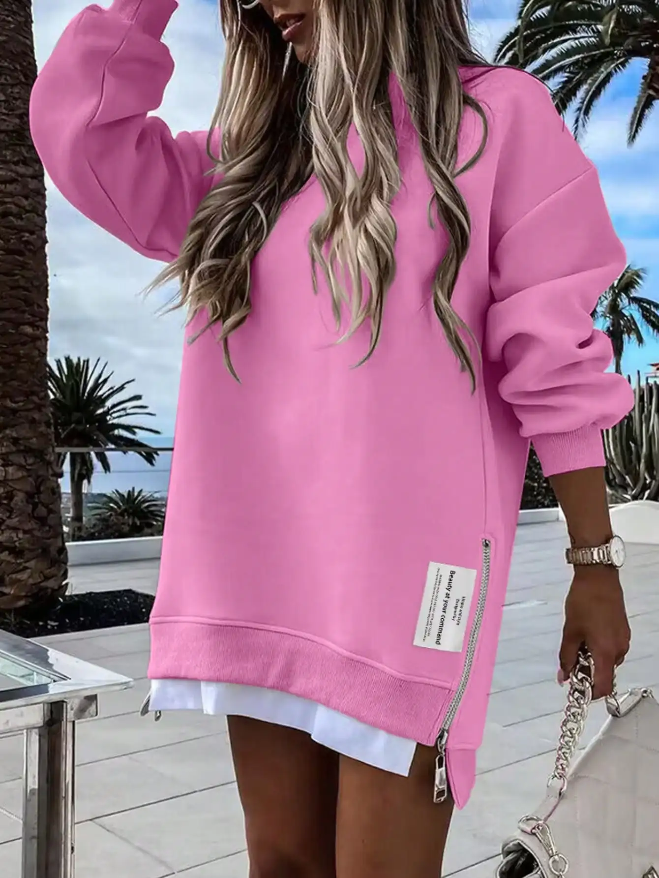

Розовое платье-свитшот оверсайз с длинными рукавами и боковым разрезом на молнии, повседневная уличная одежда