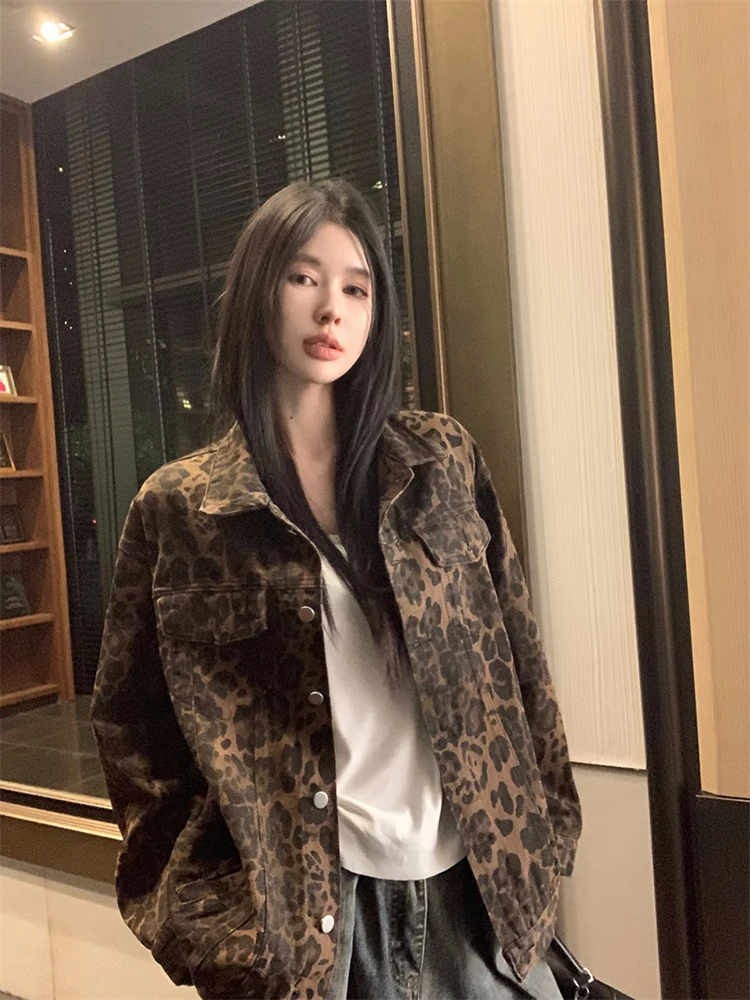 Leopard Denim Coat Women Vintage Y2K Streetwear Loose Casual Harajuku Cargo Jacket Long Sleeve American Retro Button Outwear New