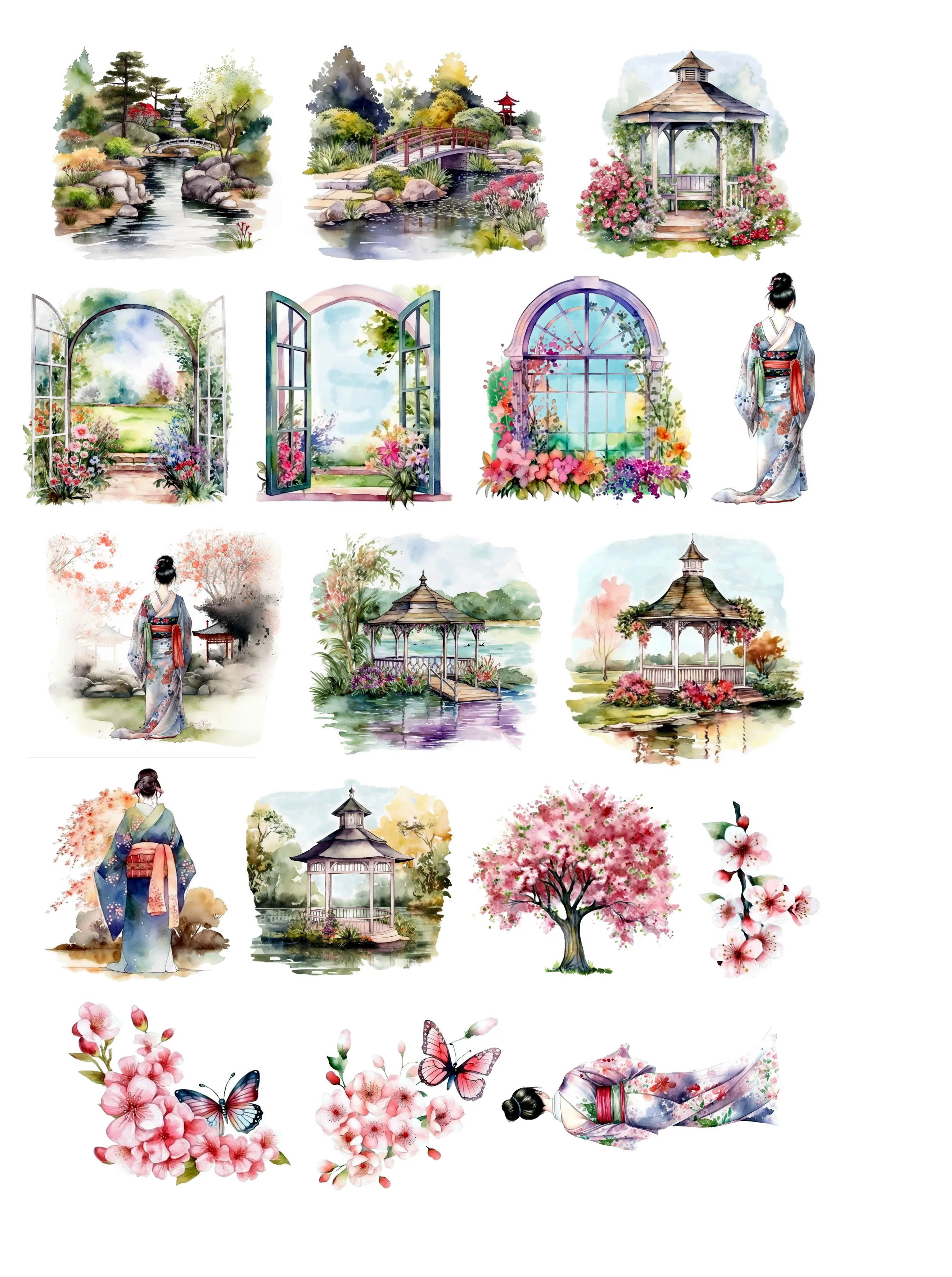 1 set Watercolor Spring Courtyard Sakura Tree Kimono Girl  Stickers Diary Album Decoration scrapbooking  stationery stationery