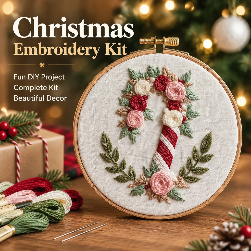 Christmas Embroidery Kit with Sock Gnome Pattern with EN Instructions Thread Needles for New Year Gift DIY