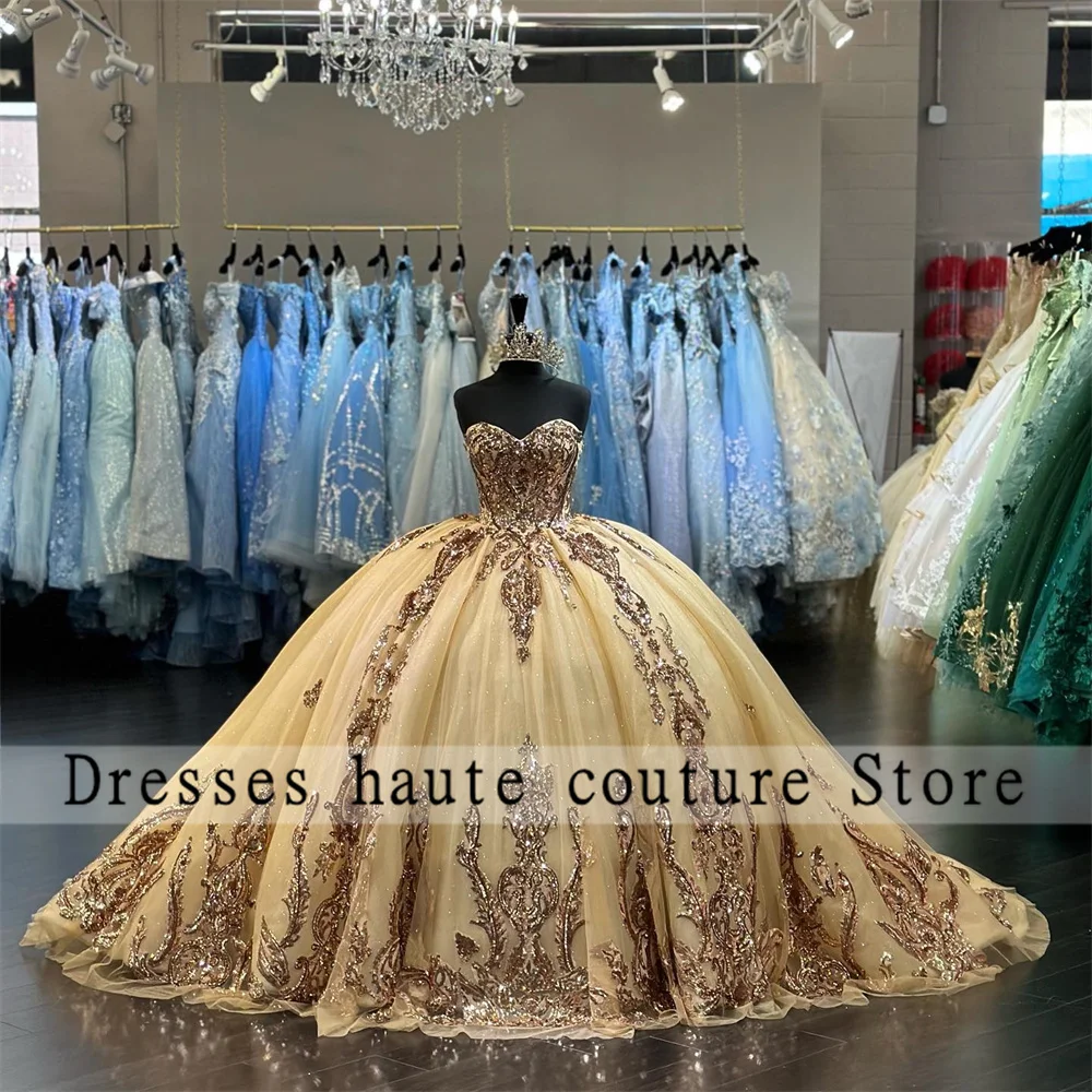 Vestido De quinceañera De encaje champán De México, vestido De baile 2024, apliques De lentejuelas, vestido De princesa dulce 16, Vestidos De corsé De XV 15 años