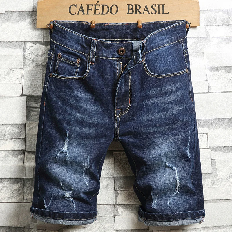 2021 Summer New Men's Fashion Stretch Slim Short Jeans Men's Thin Denim Shorts Blue Black Brand Menswear