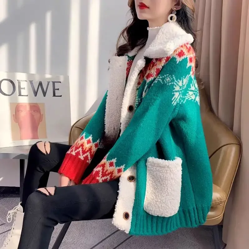 Woman Sweaters Christmas Red Sweater Cardigan Women Thickened Autumn Winter 2024 Loose Knitted Coat  Femme Chandails Pull Hiver