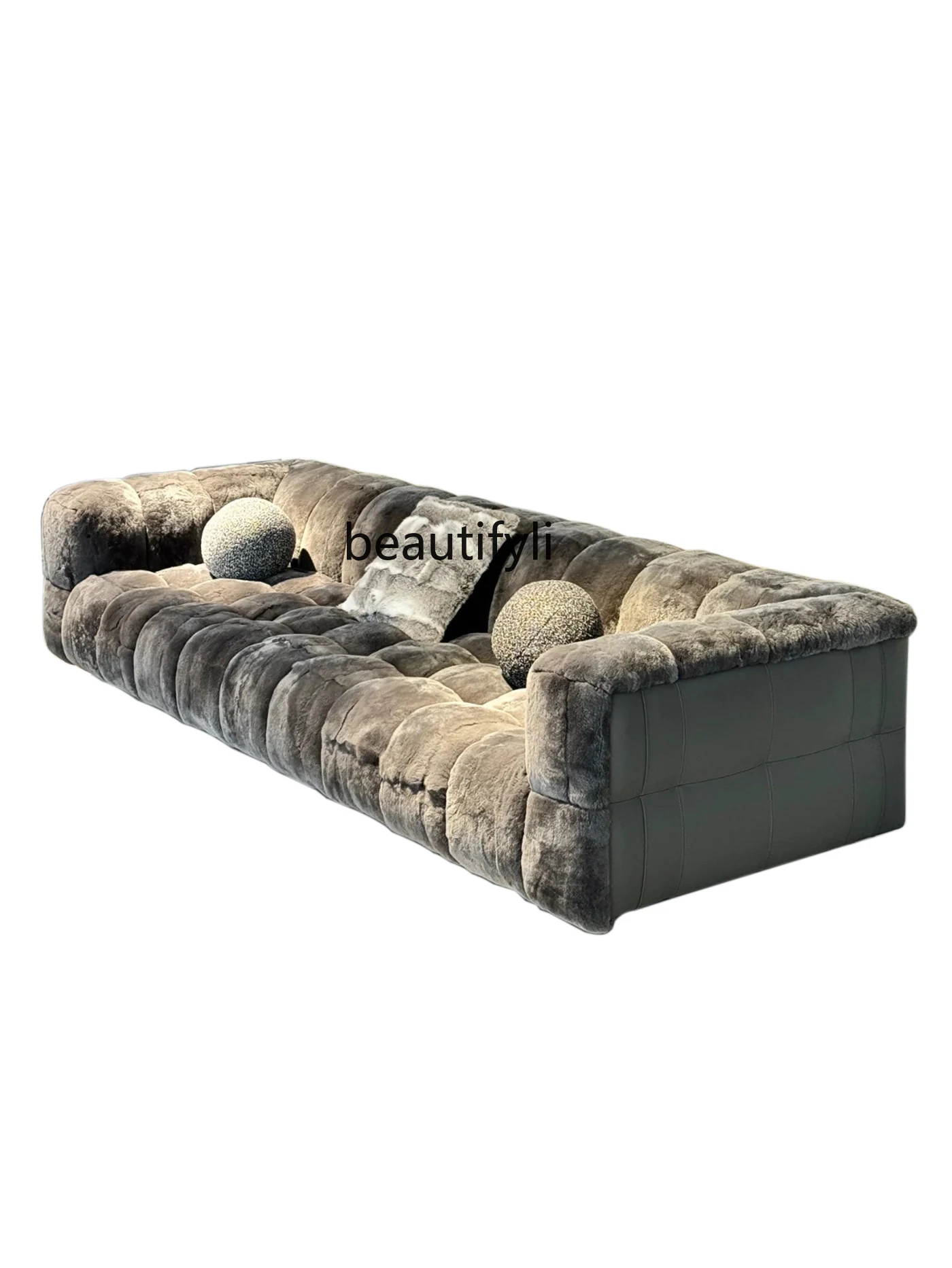 Italian Minimalist Light Luxury Fur Sofa Living Room Combination Straight Row Villa Large Flat Floor Designer Model