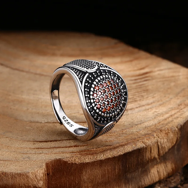 S925 Sterling Silver Red Zircon Adjustable Ring Punk Style Old Process Round Solid Free Size Fine Jewelry FYRNG145