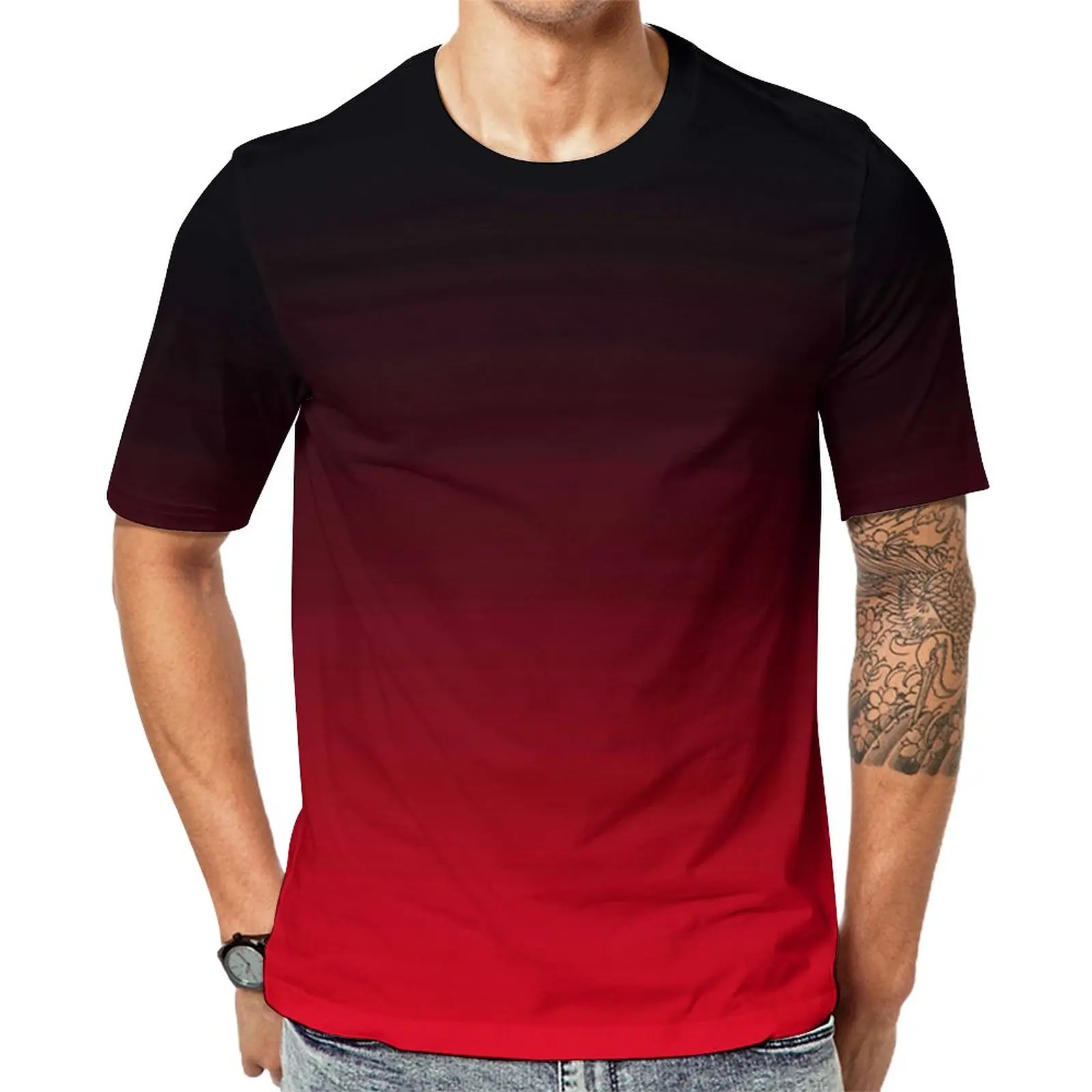 Bright Red And Black Ombre T Shirt Men Minimalist Gradient Street Style T Shirts Summer Hippie Tees Short Sleeve Printed Clothes