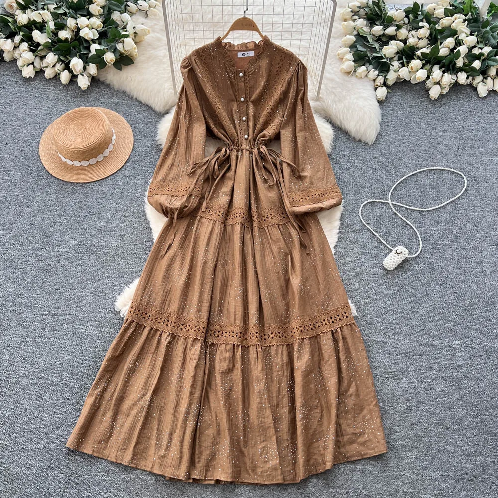 Chic vintage Spliced lace slim Elegant Fairy korean fashion Boho Sundress women clothing Long dress