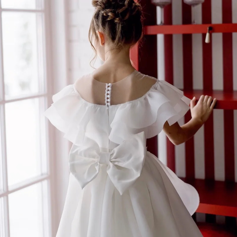 Vestidos blancos de flores para niña, vestidos de satén con lazo, Manga corta para boda, fiesta de cumpleaños, primera comunión