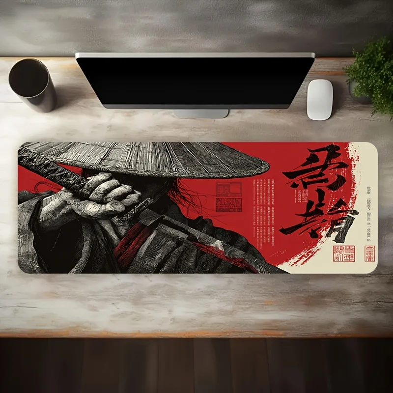 XXL Red Black Samurai Warrior Gaming Mouse Pad, Non-Slip Rubber Stitched Edge, Washable Large Desk Mat for PC Gamer & Office, Du