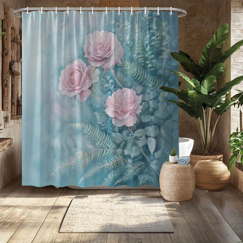 Pink Rose Shower Curtain, Delicate Floral Design with Roses & Ferns, Anti-Fade Polyester,  Machine Washable, Elegant Bath Decor