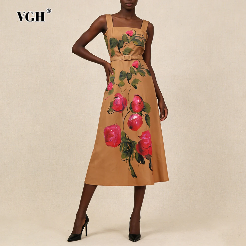 

Длинные платья VGH во французском стиле с принтом для женщин, с квадратным воротником, без рукавов, с высокой талией, летние повседневные милые платья, женская мода, новинка