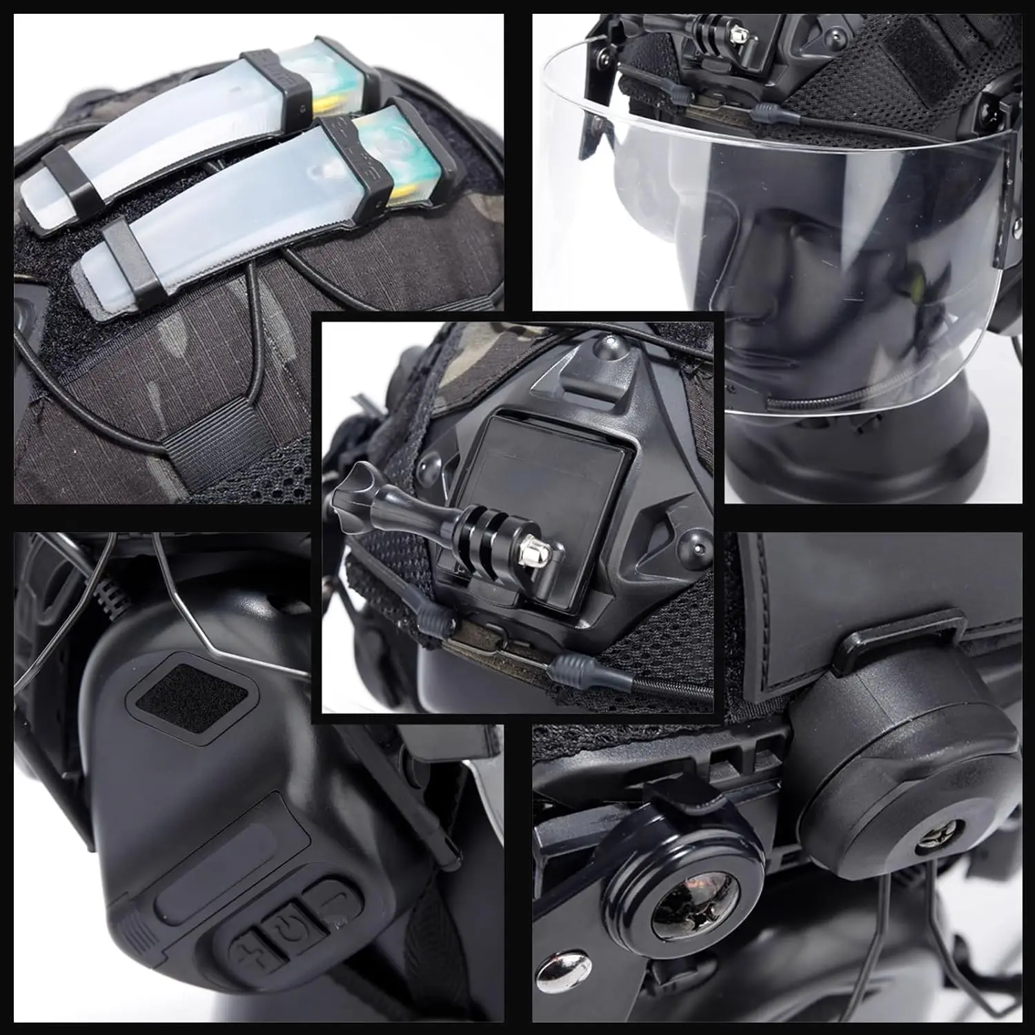 FANDAO 6 في 1 مجموعة خوذة الادسنس السريعة العسكرية مع سماعة أضواء الإشارة في الهواء الطلق الألوان عثرة خوذة عدة للصيد CQB