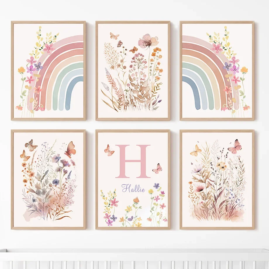 

Watercolor Boho Rainbow Poster Wildflower Print Custom Name Nursery Wall Art Canvas Painting Wall Pictures Kids Room Decor