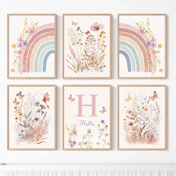 Watercolor Boho Rainbow Poster Wildflower Print Custom Name Nursery Wall Art Canvas Painting Wall Pictures Kids Room Decor
