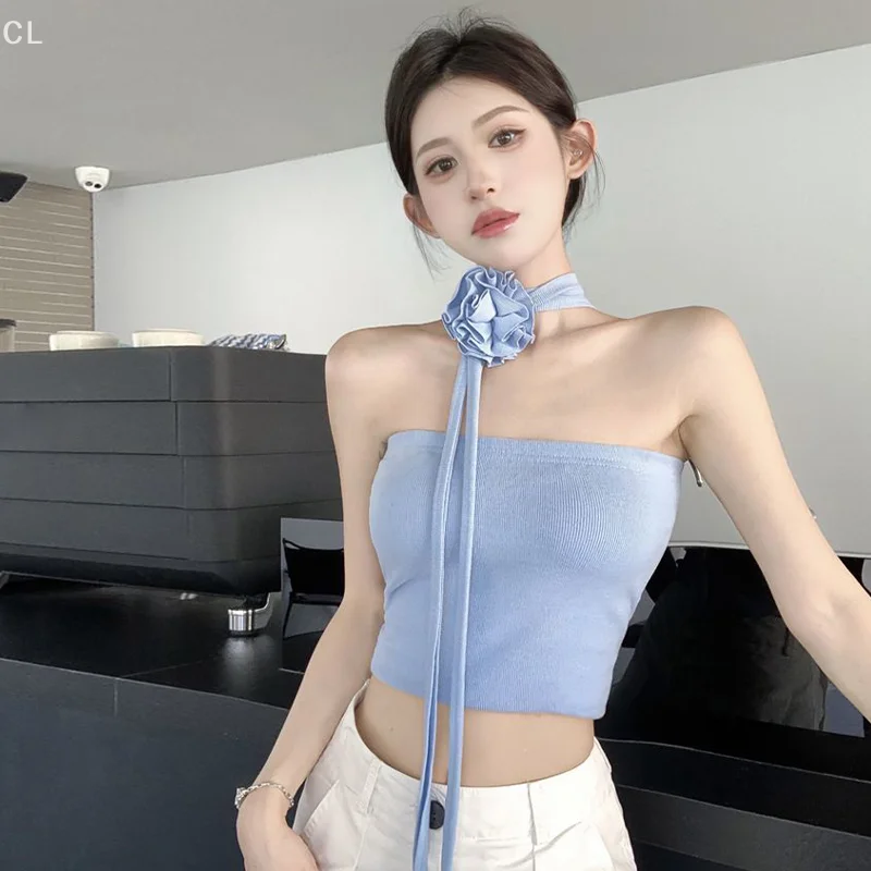 ผู้หญิงเซ็กซี่ Halter คอ Crop Tube Top ฤดูร้อนสีทึบปิดไหล่ Camisole 3D ดอกไม้ Backless Slim Tank Tops