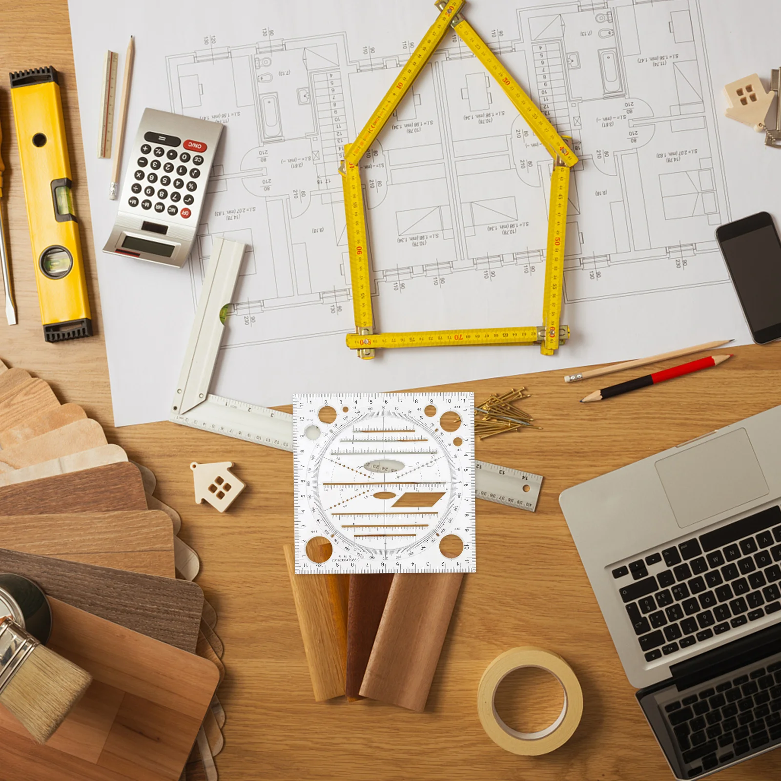 مجموعة مسطرة رسم هندسية أداة قياس متعددة الوظائف للمدرسة والمنزل ومقياس دقيق للنشاط والنسخ اليدوي