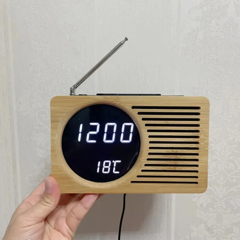 Alarm Clock Digital Radio Clock, Bamboo FM Radio LED Clock Multifunction Wooden Electronic Alarm Clock Intelligent Voice Control