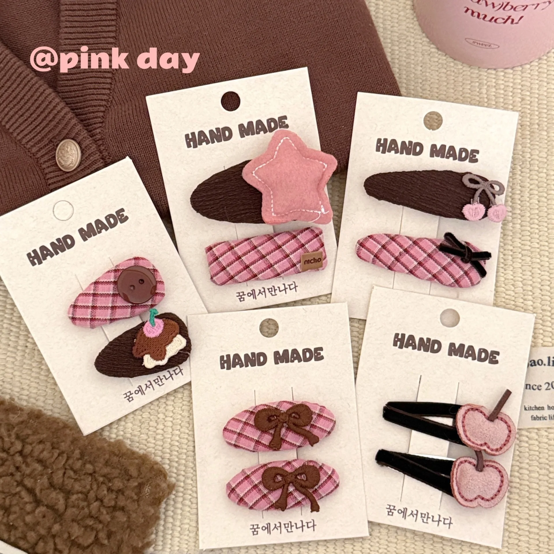 Korean-style Retro Pink And Coffee Colour-blocked Checked Bow Hair Clip Versatile Star-shaped Hair Clip For Girls Headwear