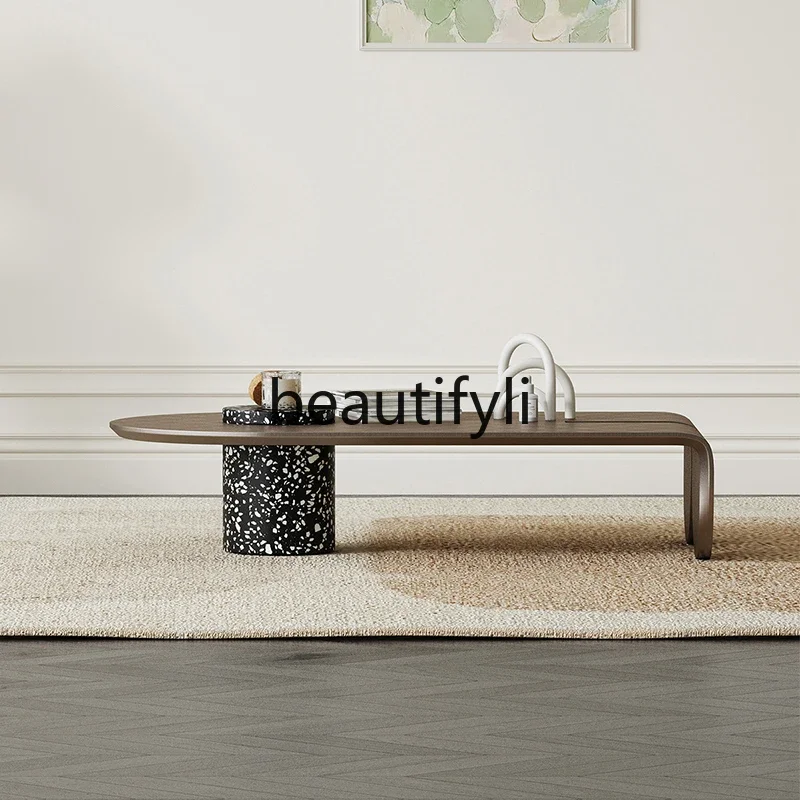 Modern simple semi-circular rectangular coffee table metal paint Italian minimalist creative terrazzo small table